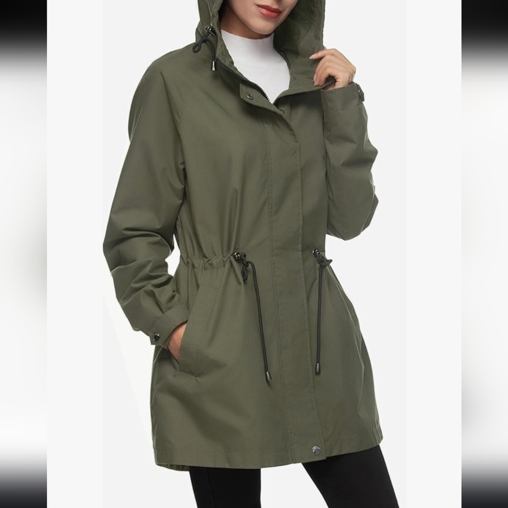 Rokka & Rolla  Olive Green Water-Resistant Anorak Hooded Rain Jacket Trench Coat